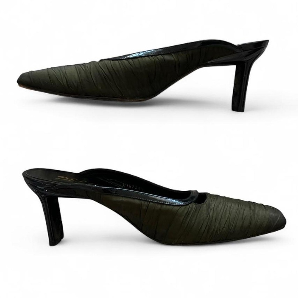 Delman 90s Olive Green Satin Heeled Leather Mules
